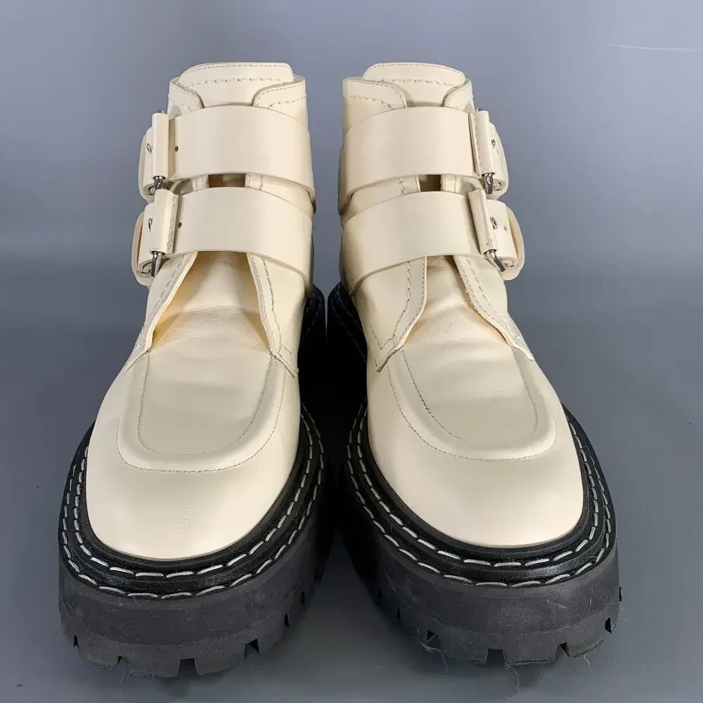 PROENZA SCHOULER Size 9 Cream Black Leather Calf Buckle Boots - Picture 4 of 10